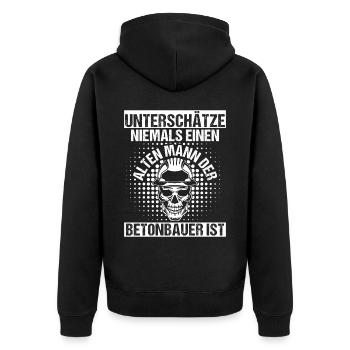 Unterschätze niemals Betonbauer - Unisex Premium Bio Zip Hoodie - Schwarz - Hinten - Nico (187cm)