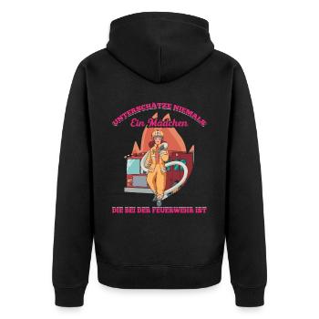 Unterschätze Niemals Ein Mädchen Die Bei Der Feuer - Unisex Premium Bio Zip Hoodie - Schwarz - Hinten - Nico (187cm)