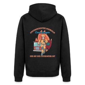 Unterschätze Niemals Einen Jungen Der Bei Der Feue - Unisex Premium Bio Zip Hoodie - Schwarz - Hinten - Nico (187cm)