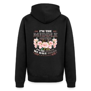 Mittlere Schwester, warum wir Regeln haben. - Unisex Premium Bio Zip Hoodie - Schwarz - Hinten - Nico (187cm)
