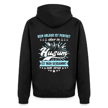Husum Souvenir Husumer - Unisex Premium Bio Zip Hoodie - Schwarz - Hinten - Nico (187cm)