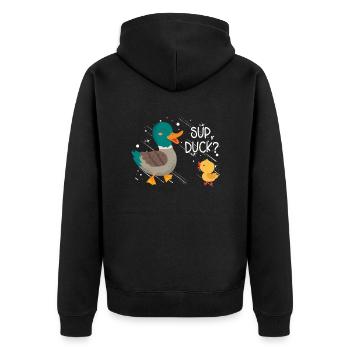 Super Ente? - Unisex Premium Bio Zip Hoodie - Schwarz - Hinten - Nico (187cm)