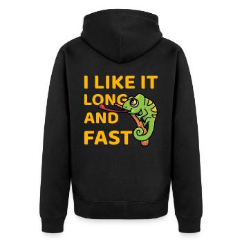 I like it long and fast Lustiger Spruch - Unisex Premium Bio Zip Hoodie - Schwarz - Hinten - Nico (187cm)