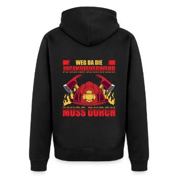 Weg Da Die Jugendfeuerwehr Muss Durch - Unisex Premium Bio Zip Hoodie - Schwarz - Hinten - Nico (187cm)