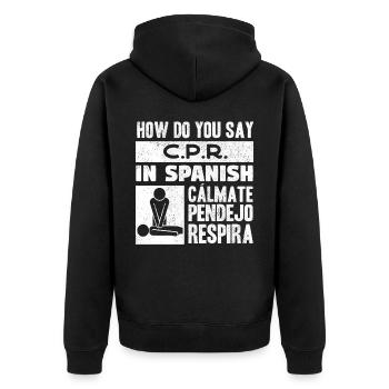How to say CPR in Spanish? Calmate Y Respira - Unisex Premium Organic Zip Hoodie - black - Back - Nico (187cm)