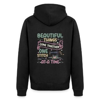 Ein Stich nach dem anderen, Quilten, Nähen. - Unisex Premium Bio Zip Hoodie - Schwarz - Hinten - Nico (187cm)