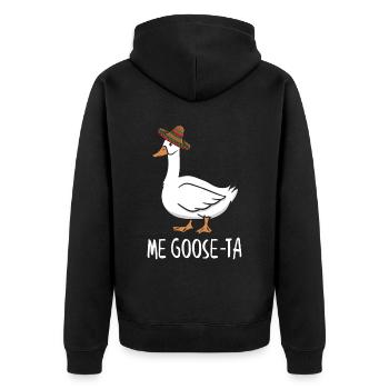 Me Goose Ta, Spanische Gans - Unisex Premium Bio Zip Hoodie - Schwarz - Hinten - Nico (187cm)