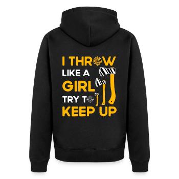 I throw like a Girl try to keep up - Unisex Premium Organic Zip Hoodie - black - Back - Nico (187cm)