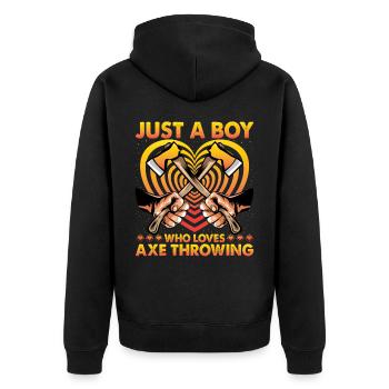 Just a Boy who loves Axe Throwing - Unisex Premium Bio Zip Hoodie - Schwarz - Hinten - Nico (187cm)