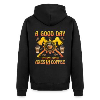 A good day starts with Axes and Coffee - Unisex Premium Bio Zip Hoodie - Schwarz - Hinten - Nico (187cm)