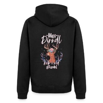 Mei Dirndl Hob I Ned Gfundn - Unisex Premium Bio Zip Hoodie - Schwarz - Hinten - Nico (187cm)