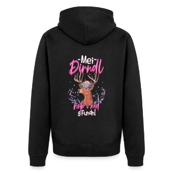 Mei Dirndl Hob I Ned Gfundn - Unisex Premium Bio Zip Hoodie - Schwarz - Hinten - Nico (187cm)