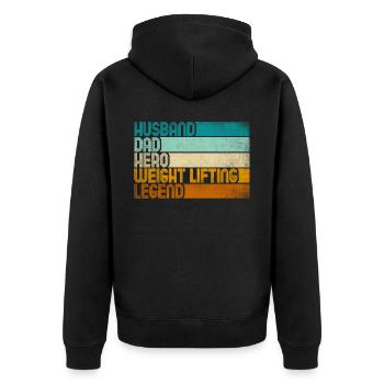 Retro Husband Dad Hero Weight Lifting Legend - Unisex Premium Bio Zip Hoodie - Schwarz - Hinten - Nico (187cm)