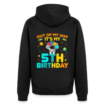 Out of the way It's my 5th birthday Outerspace B - Unisex Premium Organic Zip Hoodie - black - Back - Nico (187cm)