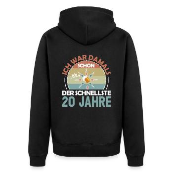 Ich war damals schon der Schnellste 20. Geburtstag - Unisex Premium Bio Zip Hoodie - Schwarz - Hinten - Nico (187cm)