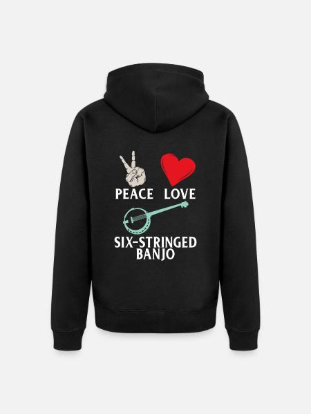 Peace Love Six-Stringed Banjo Instrument - Unisex Premium Organic Zip Hoodie - black