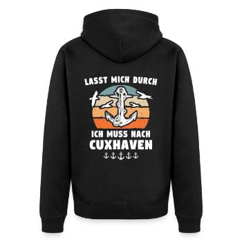 Cuxhaven Souvenir Cuxhavener Nordsee - Unisex Premium Bio Zip Hoodie - Schwarz - Hinten - Nico (187cm)