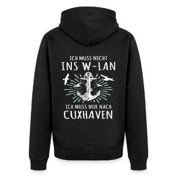 Cuxhaven Souvenir Cuxhavener Nordsee - Unisex Premium Bio Zip Hoodie - Schwarz - Hinten - Nico (187cm)