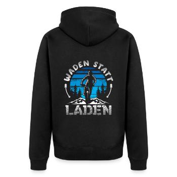 Waden statt Laden - Unisex Premium Bio Zip Hoodie - Schwarz - Hinten - Nico (187cm)