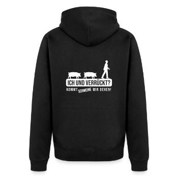 Nur Verrückte hier komm Schweine wir gehen - Unisex Premium Bio Zip Hoodie - Schwarz - Hinten - Nico (187cm)