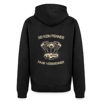 Sei kein Penner fahr Verbrenner Benzin - Unisex Premium Bio Zip Hoodie - Schwarz - Hinten - Nico (187cm)