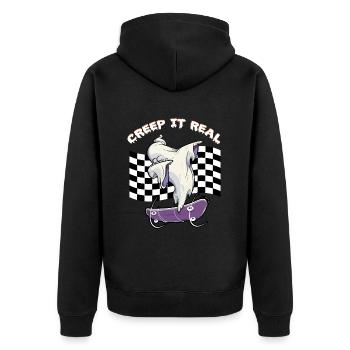 CREEP IT REAL Halloween Dabbing Ghost - Unisex Premium Bio Zip Hoodie - Schwarz - Hinten - Nico (187cm)