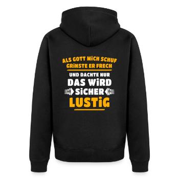 Lustig Sprüche Gott Grinste - Unisex Premium Bio Zip Hoodie - Schwarz - Hinten - Nico (187cm)