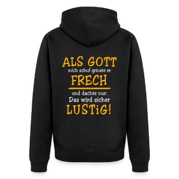 Lustig Sprüche Gott Grinste - Unisex Premium Bio Zip Hoodie - Schwarz - Hinten - Nico (187cm)