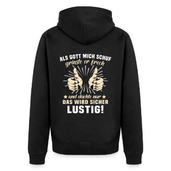 Lustig Sprüche Gott Grinste - Unisex Premium Bio Zip Hoodie - Schwarz - Hinten - Nico (187cm)