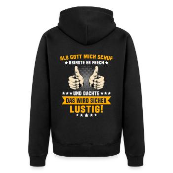 Ironische Sprüche Humor Gott Grinste - Unisex Premium Bio Zip Hoodie - Schwarz - Hinten - Nico (187cm)