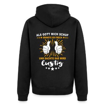 Ironische Sprüche Humor Gott Grinste - Unisex Premium Bio Zip Hoodie - Schwarz - Hinten - Nico (187cm)