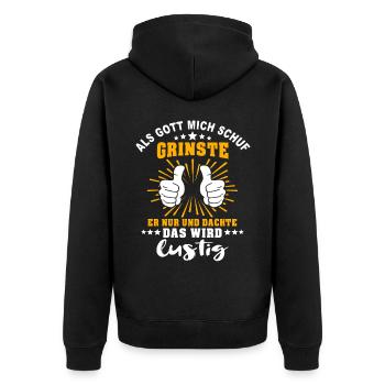 Ironische Sprüche Humor Gott Grinste - Unisex Premium Bio Zip Hoodie - Schwarz - Hinten - Nico (187cm)