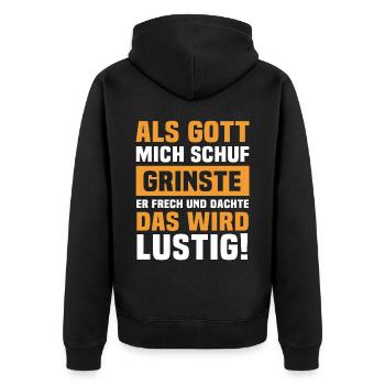 Ironische Sprüche Humor Gott Grinste - Unisex Premium Bio Zip Hoodie - Schwarz - Hinten - Nico (187cm)