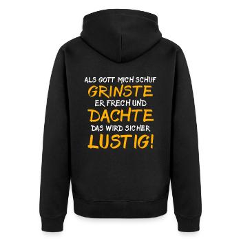 Ironische Sprüche Humor Gott Grinste - Unisex Premium Bio Zip Hoodie - Schwarz - Hinten - Nico (187cm)