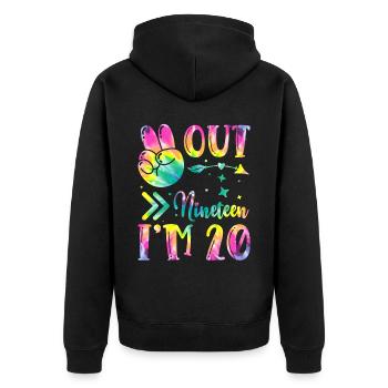 Peace Out Nineteen I'm 20 | Tie Dye Themed - Unisex Premium Bio Zip Hoodie - Schwarz - Hinten - Nico (187cm)