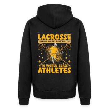 Lacrosse Lustiger Spruch - Unisex Premium Bio Zip Hoodie - Schwarz - Hinten - Nico (187cm)