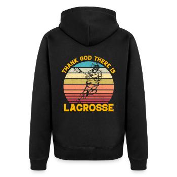 Thank God there is Lacrosse - Unisex Premium Bio Zip Hoodie - Schwarz - Hinten - Nico (187cm)