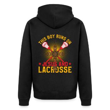 This Boy runs on Jesus and Lacrosse - Unisex Premium Bio Zip Hoodie - Schwarz - Hinten - Nico (187cm)