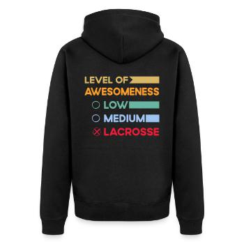 Level of Awesomeness Low Medium Lacrosse - Unisex Premium Bio Zip Hoodie - Schwarz - Hinten - Nico (187cm)