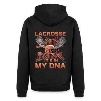 Lacrosse it's in my DNA - Unisex Premium Bio Zip Hoodie - Schwarz - Hinten - Nico (187cm)