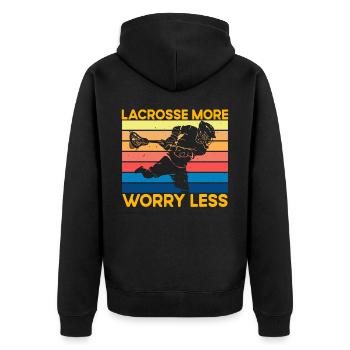 Lacrosse more Worry Less - Unisex Premium Bio Zip Hoodie - Schwarz - Hinten - Nico (187cm)