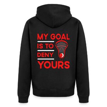 My Goal is to Deny yours Lacrosse - Unisex Premium Bio Zip Hoodie - Schwarz - Hinten - Nico (187cm)