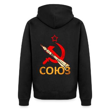 Sojus Rakete Sowjetunion - Unisex Premium Bio Zip Hoodie - Schwarz - Hinten - Nico (187cm)