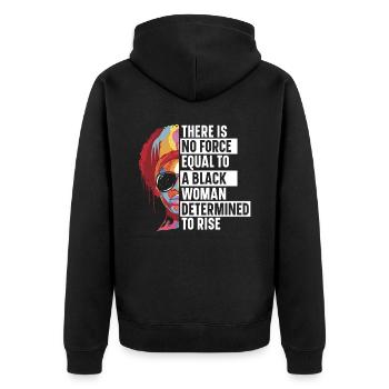 Eine schwarze Frau, die entschlossen ist, den schwarzen Stolz zu steigern - Unisex Premium Bio Zip Hoodie - Schwarz - Hinten - Nico (187cm)