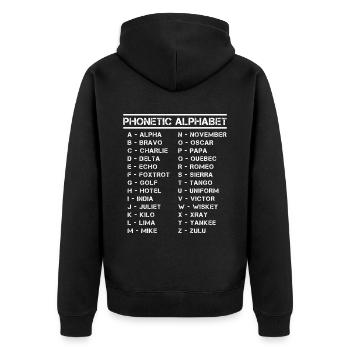 Vollständiges phonetisches Alphabet Alle Buchstaben Übersicht - Unisex Premium Bio Zip Hoodie - Schwarz - Hinten - Nico (187cm)
