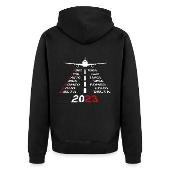 Pensionierter Pilot 2023 Phonetic Alphabet Plane Runway - Unisex Premium Bio Zip Hoodie - Schwarz - Hinten - Nico (187cm)