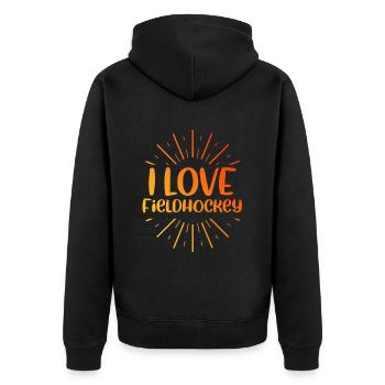 Ich liebe Fieldhockey - Unisex Premium Bio Zip Hoodie - Schwarz - Hinten - Nico (187cm)