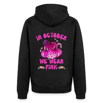 Im Oktober tragen wir rosa Halloween, Brustkrebs - Unisex Premium Bio Zip Hoodie - Schwarz - Hinten - Nico (187cm)