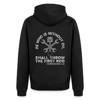 He Who Is Without Oil Shall Throw The First Rod - Unisex Premium Organic Zip Hoodie - black - Back - Nico (187cm)