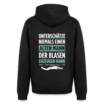 Unterschätze Niemals Einen Alten Mann Der Blasen E - Unisex Premium Bio Zip Hoodie - Schwarz - Hinten - Nico (187cm)